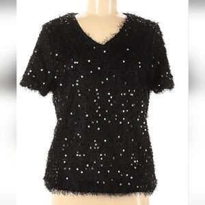 Muche et Muchette Black Fuzzy Sequin VnecknShort Sleeve Sweater OSFA Medium